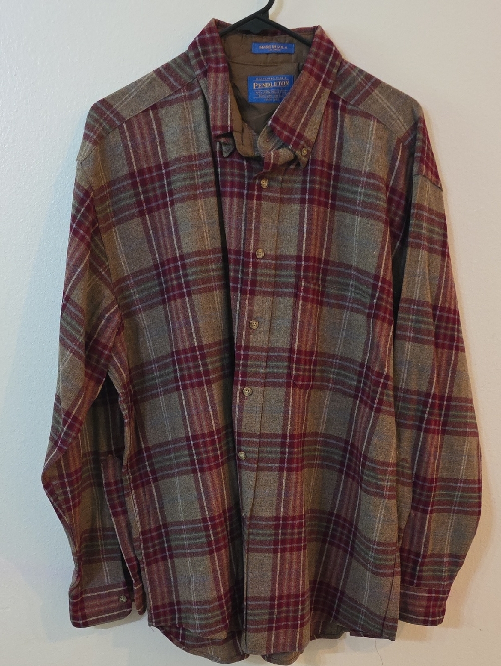Vintage Pendleton Men's Burgundy and Tan Plaid Button-Down Shirt